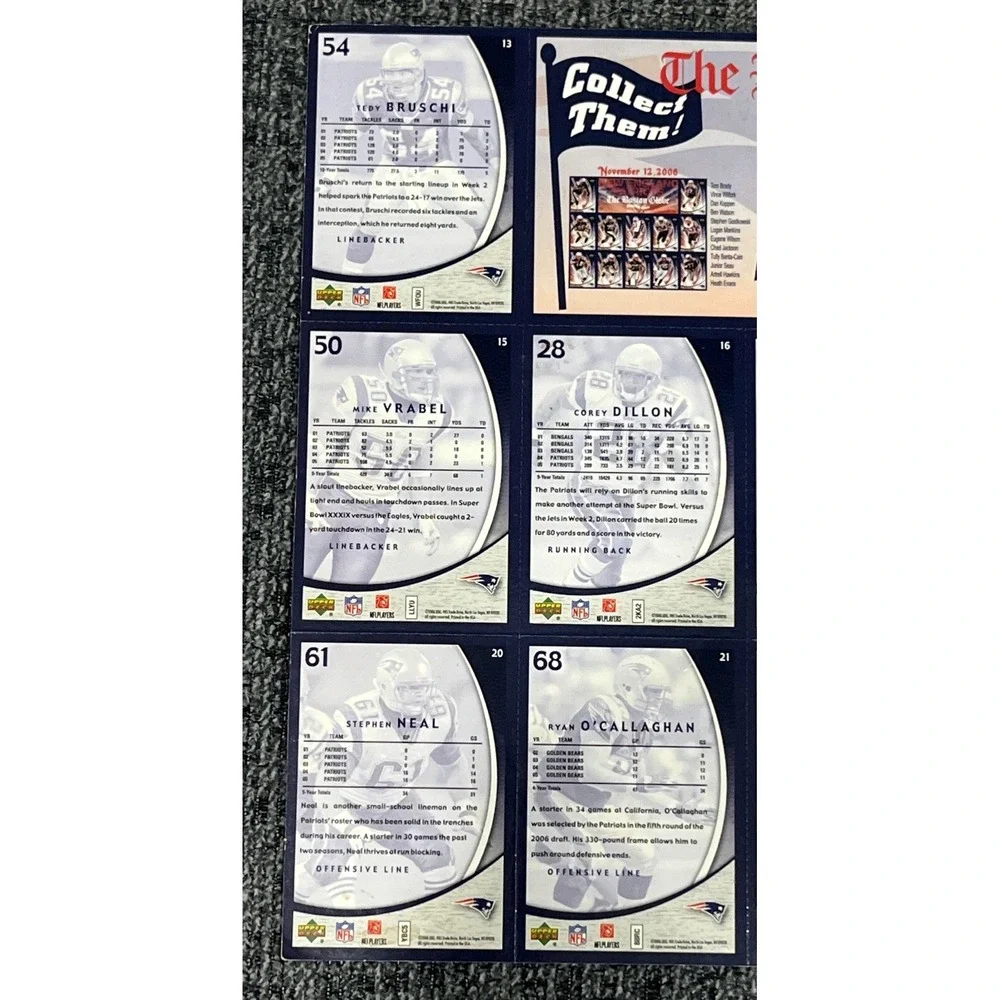 2006 Upper Deck‎ Boston Globe New England Patriots Nov 19 Uncut Card Sheet 13-24